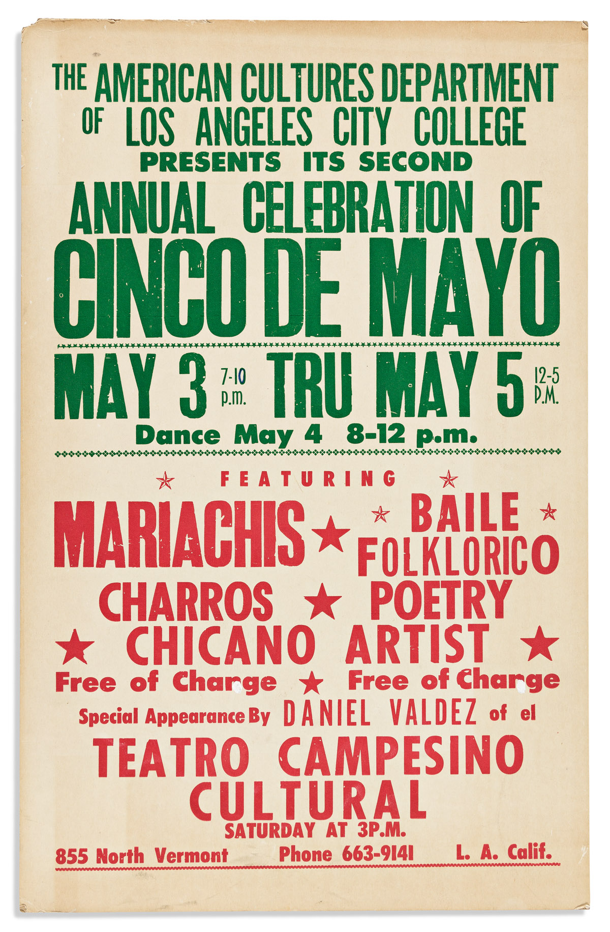 (CALIFORNIA.) Poster for Cinco de Mayo celebration at Los Angeles City College featuring Teatro Campesino.